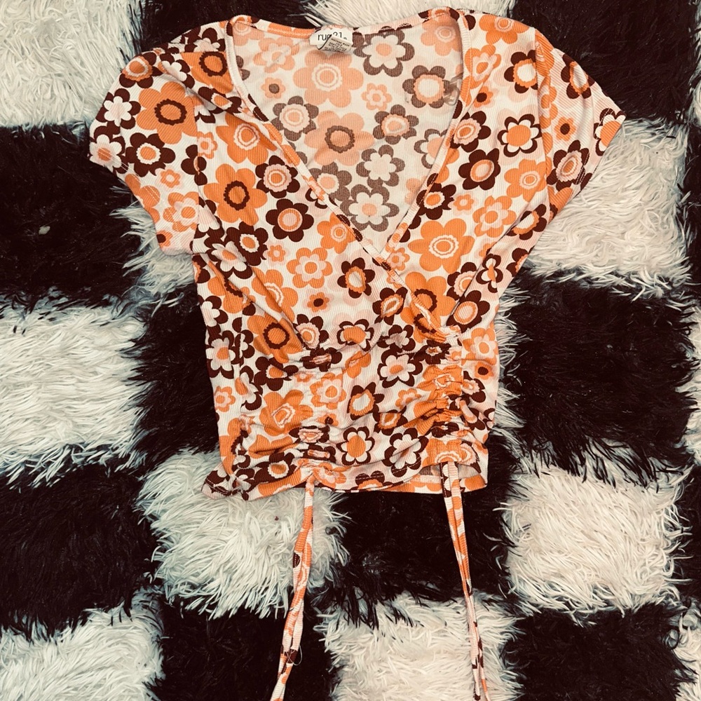 Floral Retro Top - Orange and Brown